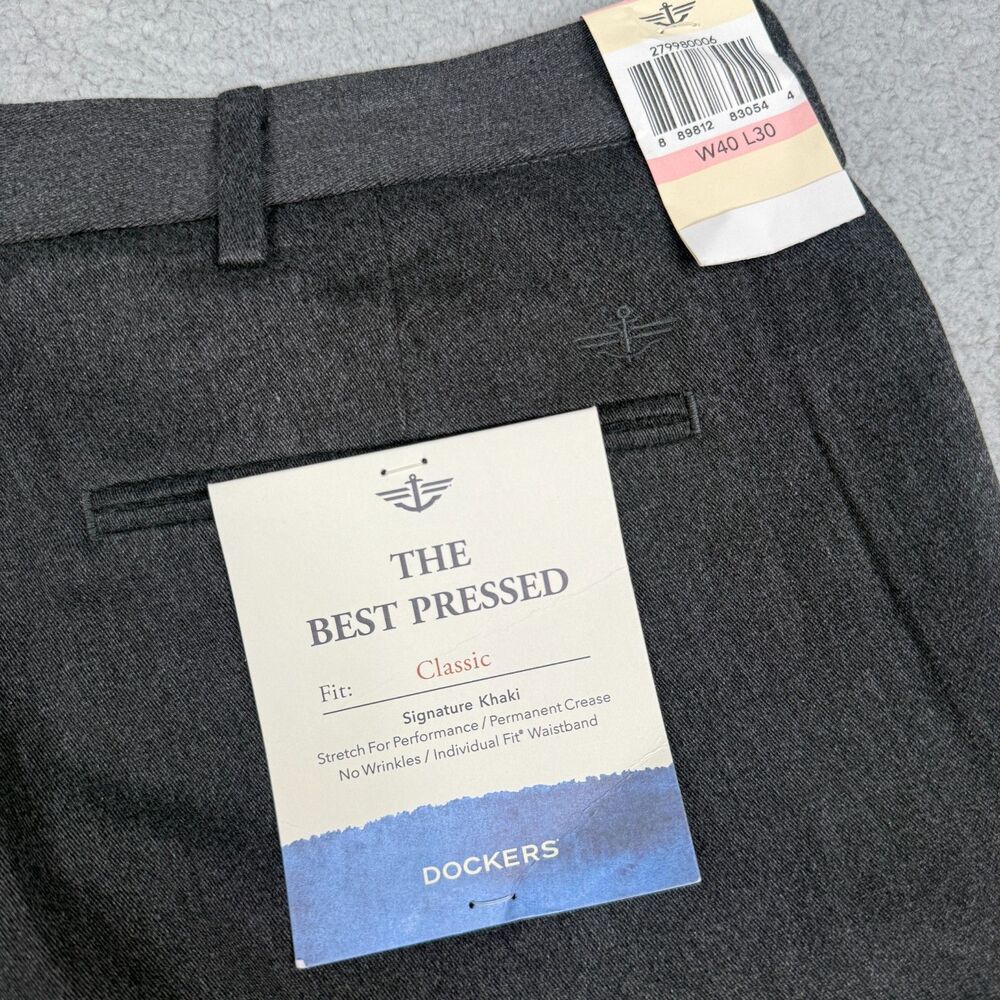 Dockers Best Pressed Pants Mens 40x30 Gray Classic Fit Stretch‎ Dress Khaki NWT